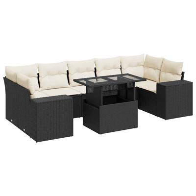 8-delige Loungeset met kussens poly rattan zwart