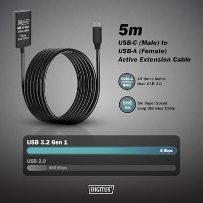 Digitus DA-73110 USB-kabel USB 3.2 Gen1, USB 3.2 Gen1, USB 3.0 USB-C, USB-C stekker, USB-A bus 5.00 m Zwart Actief met signaalversterking, Stekker past op