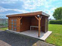 Woodvision Bosuil blokhut 300x300 cm + overkapping 300 cm vuren groen geïmpregneerd- Plat dak- Geïmpregneerd vurenhout- Woodvision - thumbnail