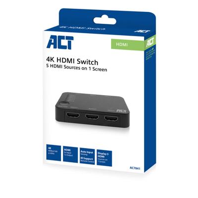 ACT AC7841 4K HDMI Switch | 5x input | 1x output | 4K @ 60Hz | Auto input Sensing | Afstandsbediening | Zwart