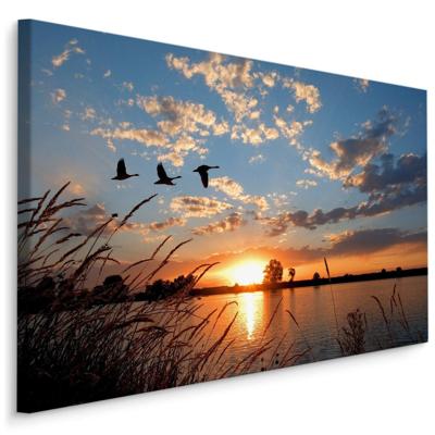 Schilderij - Ganzen bij Zonsondergang, Premium Print