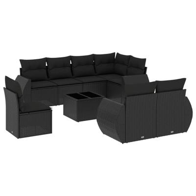 9-delige Loungeset met kussens poly rattan zwart