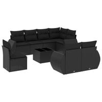 9-delige Loungeset met kussens poly rattan zwart - thumbnail