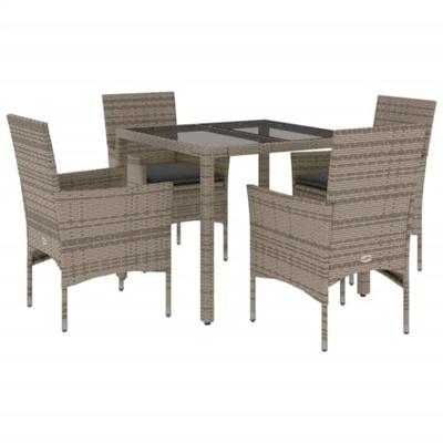 5-delige Tuinset met kussens poly rattan en glas grijs