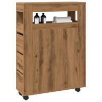 Badkamerkast smal met wielen bewerkt hout artisanaal eiken - thumbnail