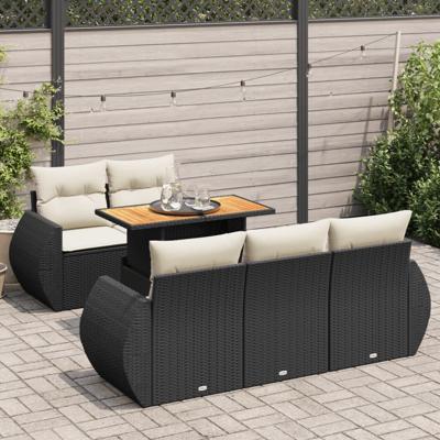 6-delige Loungeset met kussens poly rattan zwart