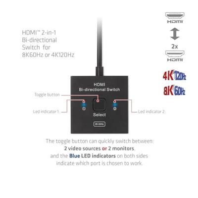 Club 3D hdmi switch 2-in-1 bi-directional for 8k60hz or 4k120hz (zwart, 0.5 meter)