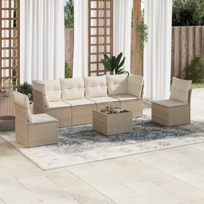7-delige Loungeset met kussens poly rattan beige - thumbnail