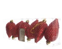 6 Dennenappels plastic glitter hang 8cm kerstrood KSD - Ksd - thumbnail