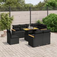 9-delige Loungeset met kussens poly rattan zwart - thumbnail