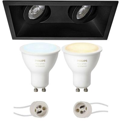 GU10 Inbouwspot Set - Mat Zwart - Inbouw Rechthoek Dubbel - Kantelbaar - Philips Hue - White Ambiance - Bluetooth - Pragmi Zano Pro - 185x93mm