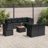 9-delige Loungeset met kussens poly rattan zwart - thumbnail