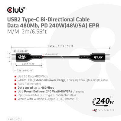 Club3D USB 2.0 0.48Gbps 240W USB Type-C 2m USB-IF gecertificeerd