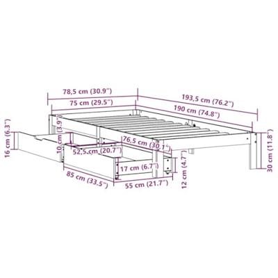 Bedframe met lades massief grenenhout wit 75x190 cm