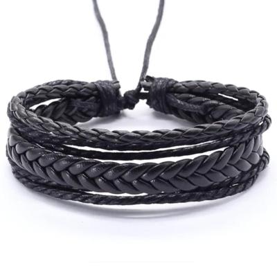 Verstelbare gevlochten leren Multi armband Zwart