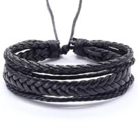 Verstelbare gevlochten leren Multi armband Zwart - thumbnail