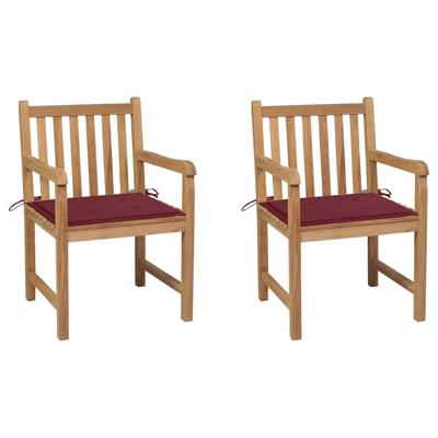 Tuinstoelen 2 st met wijnrode kussens massief teakhout