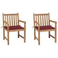 Tuinstoelen 2 st met wijnrode kussens massief teakhout - thumbnail