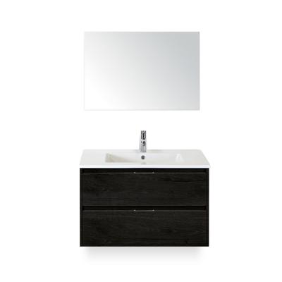 Porto Badmeubelset 90 cm - Black Oak - Keramische Wastafel Wit Slim - met Spiegel