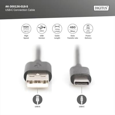 DIGITUS USB 2.0 aansluitkabel - 1,8 m - verbindingskabel van USB type A naar USB Type-C - High Speed 480 Mbit/s - Zwart