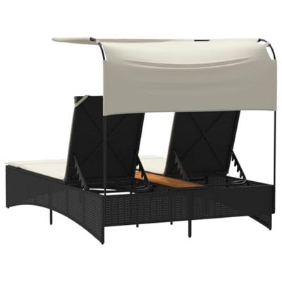 Ligbed 2-persoons met luifel en kussens poly rattan zwart Ligbed 2-persoons met luifel en kussens poly rattan zwart