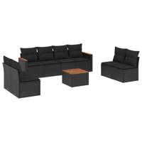 8-delige Loungeset met kussens poly rattan zwart - thumbnail
