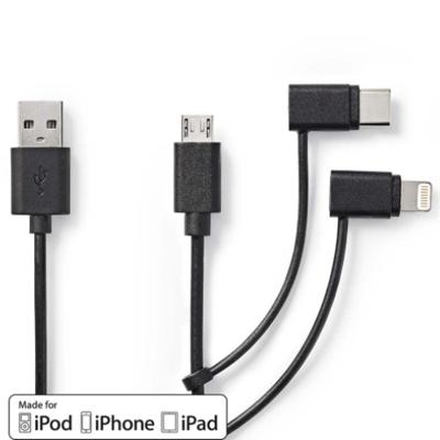 Nedis CCGL60620BK10 3-in-1-kabel Usb 2.0 Usb-a Male Apple Lightning 8-pins / Usb Micro-b Male / Usb-c™ Male 480 Mbps 1.00 M Vernikkeld Rond Pvc Zwart Label