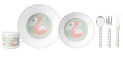 Saro Eetset Flamingo Party Melamine 6-delig Zalmroze/groen/wit