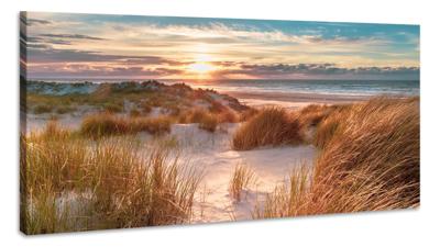 Schilderij - Ondergaande zon op het strand, Premium print, 90x50cm