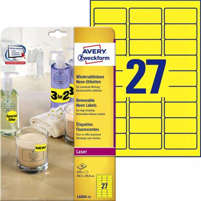 Etiket avery l6004-25 63.5x29.6 neon geel 675st