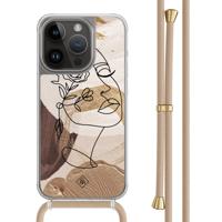 iPhone 14 Pro hoesje met beige koord - Abstract gezicht bruin - thumbnail