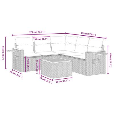 6-delige Loungeset met kussens poly rattan zwart - thumbnail