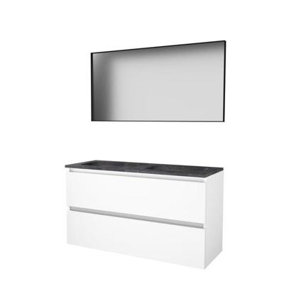Basic-Line Framed 46 Badkamermeubelset - 120 x 46 cm - Greeploos - 2 Lades - Hardstenen Wastafel - Zonder Kraangat - Spiegel met Zwart Aluminium Frame - Ice White