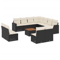 12-delige Loungeset met kussens poly rattan zwart - thumbnail