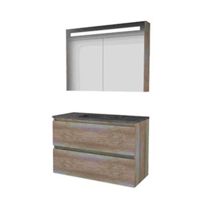 Basic-Line Premium 46 Badkamermeubelset - 100 x 46 cm - Greeploos - 2 Lades - Hardstenen Wastafel - Zonder Kraangat - Spiegelkast met LED Verlichting - Scotch Oak