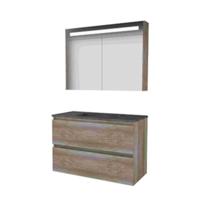 Basic-Line Premium 46 Badkamermeubelset - 100 x 46 cm - Greeploos - 2 Lades - Hardstenen Wastafel - Zonder Kraangat - Spiegelkast met LED Verlichting - Scotch Oak - thumbnail