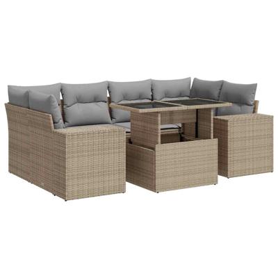 7-delige Loungeset met kussens poly rattan beige
