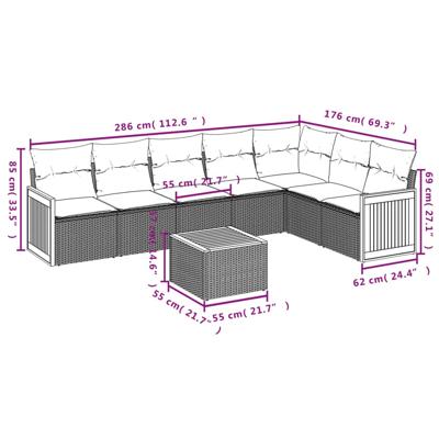 7-delige Loungeset met kussens poly rattan zwart