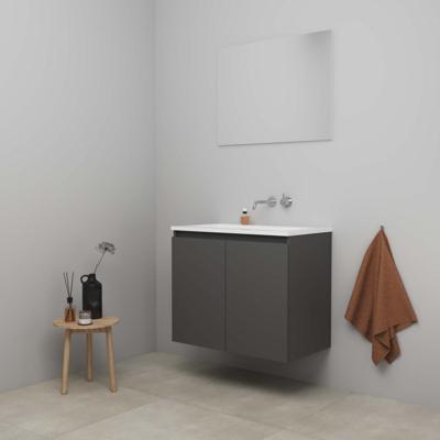 On-Line Badkamermeubelset - 80 cm - Bouwpakket - Greeploos 2 Deuren - Acryl Wastafel - zonder Kraangat - Spiegel - Mat Antraciet
