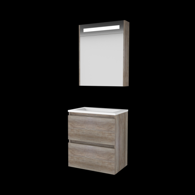Basic-Line Premium 39 Badkamermeubelset - Ondiep - 60 x 39 cm - Greeploos - 2 Lades - Acryl Wastafel - Zonder Kraangat - Spiegelkast met LED Verlichting - Scotch Oak
