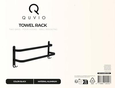 QUVIO Handdoekenrek wand met 2 stangen + 4 haakjes - 48 cm - Zwart