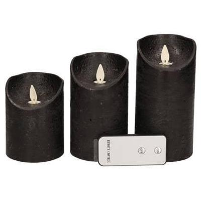 Anna's Collection LED kaars flame effect rustiek set 7.5 cm zwart 3 stuks