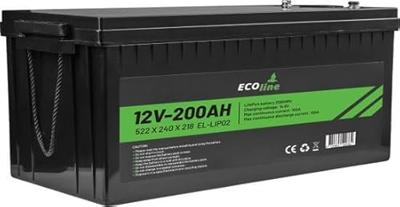 EcoLine - LifePo4 12V 200AH - 200000mAh lithium Batterij - 522 x 240 x 218 - Deep Cycle Accu + Bluetooth