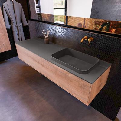 Badkamermeubelset Mondiaz Erin 150 cm met 1 Lade met RIDGE Wastafel Rechts Dark grey Zonder Kraangaten Greeploos Mat Washed Oak