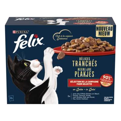 Felix Heerlijke Plakjes Farm Selectie met rund, kip, eend, kalkoen in gelei natvoer kat 12 x 80 g