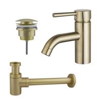 Fortifura Calvi Wastafelkraanset - lage wastafelkraan - klikwaste plug - verlaagde design sifon - Geborsteld Messing PVD (Goud) SW720547/SW696202/SW696218 - thumbnail
