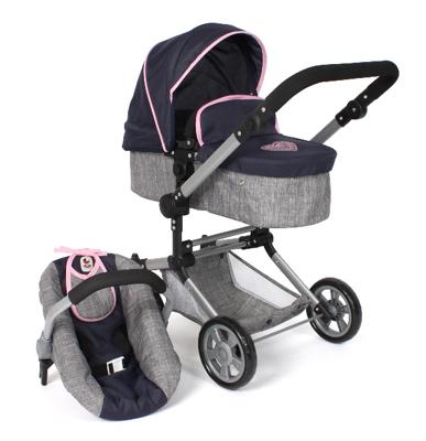 Combi-poppenwagen Linus - Melange Navy Grijs Combi-poppenwagen Linus - Melange Navy Grijs