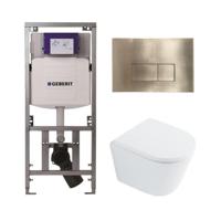QeramiQ Dely Toiletset - 36.3x51.7cm - diepspoel - rimless - Geberit UP320 inbouwreservoir - met Burda frame - softclose toilet zitting 35 mm - geborsteld messing bedieningsplaat - rechthoekige knoppen - wit glans SW1026255 / SW1159505/0701131/SW706201 - thumbnail