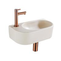 QeramiQ Fuente Fonteinset - 40x21.5x12cm - links - glad - halfrond - 1 kraangat - keramiek - fonteinkraan geborsteld koper - afvoerplug - verlaagd sifon - beige SW1209557/SW799405/SW799403/SW970033 - thumbnail