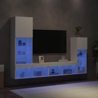 4-delige Tv-wandmeubelset met LED-verlichting bewerkt hout wit